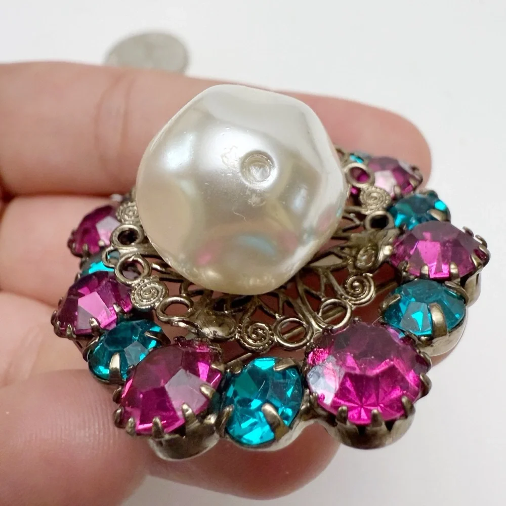 Vintage Large Baroque Faux Pearl Pink Aqua Rhinestone Filigree Drop Brooch